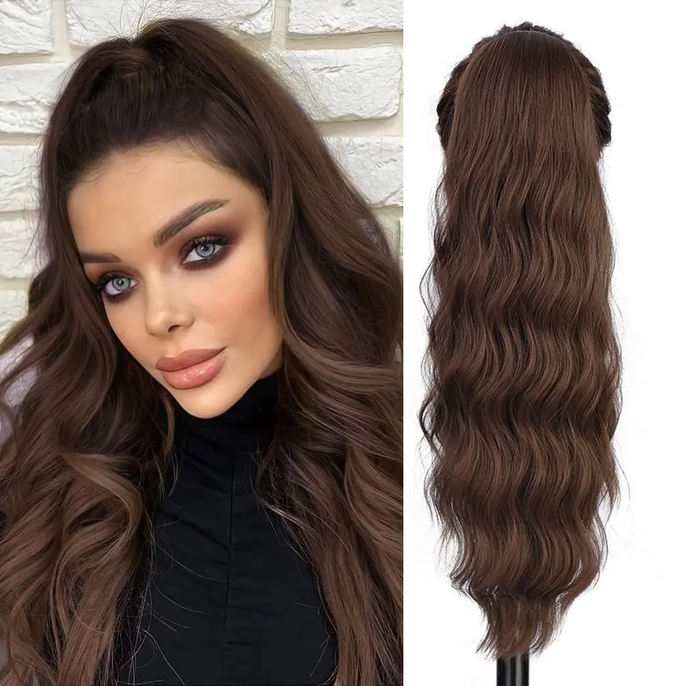 Long Body Wave Ponytail hair Extension Synthetic Heat Resistant Wrap Around Drawstring Curly Wavy Ponytail Hairpieces for Women