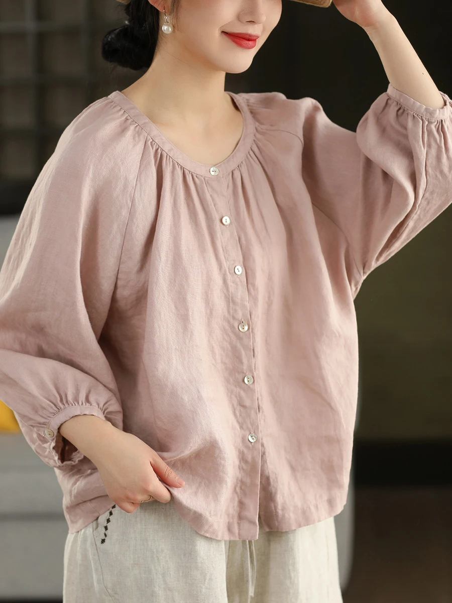 

Ретро-рубашка из льна для женщин, весна-лето, с круглым вырезом, на одной пуговице, с рукавом 3/4, однотонная, свободного кроя, удобная, дышащая, комфортная.