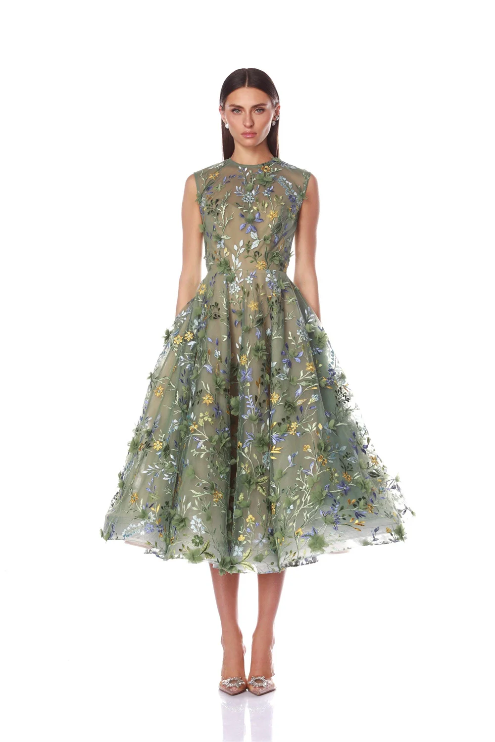 فستان كاثي مخصص باللون الأخضر برقبة دائرية ومطرز رائع للحفلات الراقصة بدون أكمام وسحاب خلفي من vestidos de noiva على شكل حرف a بطول الشاي Foraml 2025