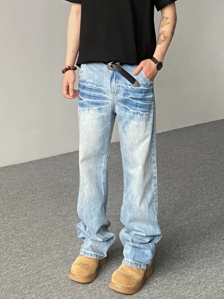 2026 Ropa Y2K Fashion Lightning Pattern Washed Blue Baggy Jeans Pants For Men Clothing Straight Casual Vintage Denim Trousers