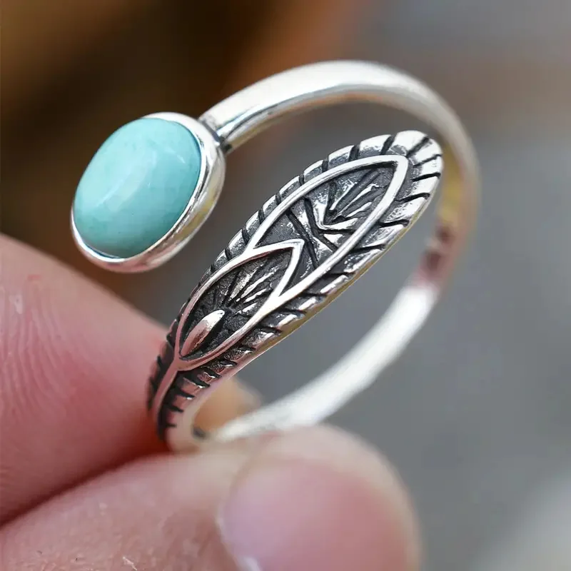 

Turquoise Vintage Pure Silver 925 Original Open Size Ring for Women Girl Fashion Gift