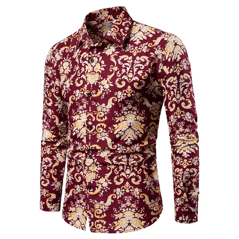 Fashion 2022 High Quality Business Flower Printed Bridegroom Men Shirts Men Slim Long Sleeve Dress Shirt Men's Long Sleeve Shirt