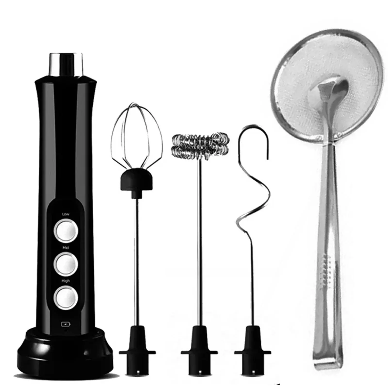 Professional Kitchen Tool Set: Rechargeable Handheld Electric Milk Frother (3-Speed Stainless Mixer for Latte/Baking) Stainless Steel Mesh Clip Frying Strainer Spoon, Durable Gadget Combo for Efficient Grease Removal, Daily Cooking, Parties & Holiday Prep