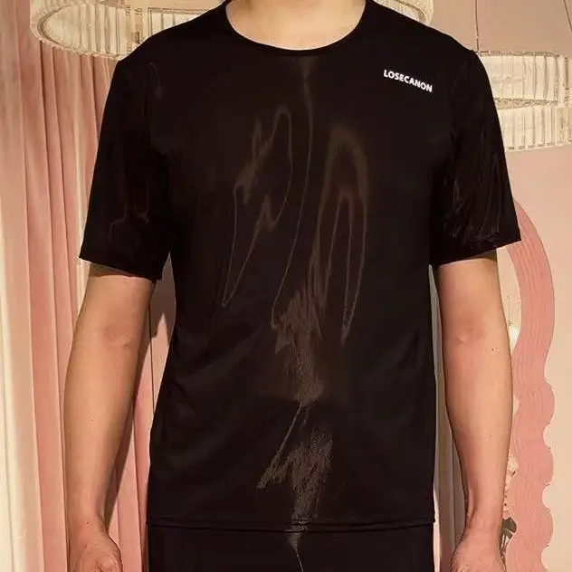 Summer ice silk see through men fitness t shirt Home casual sexy plus size top streetwear