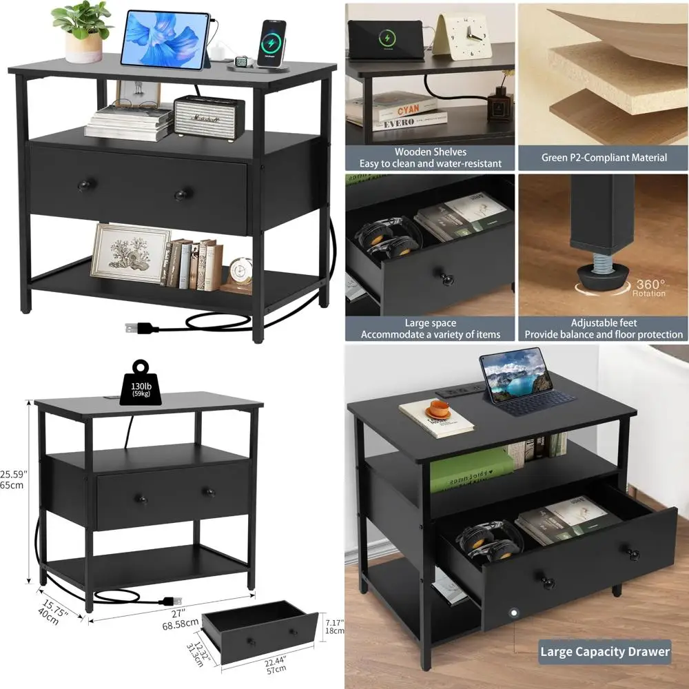 

27" modern wooden 1-drawer nightstand with usb charging station