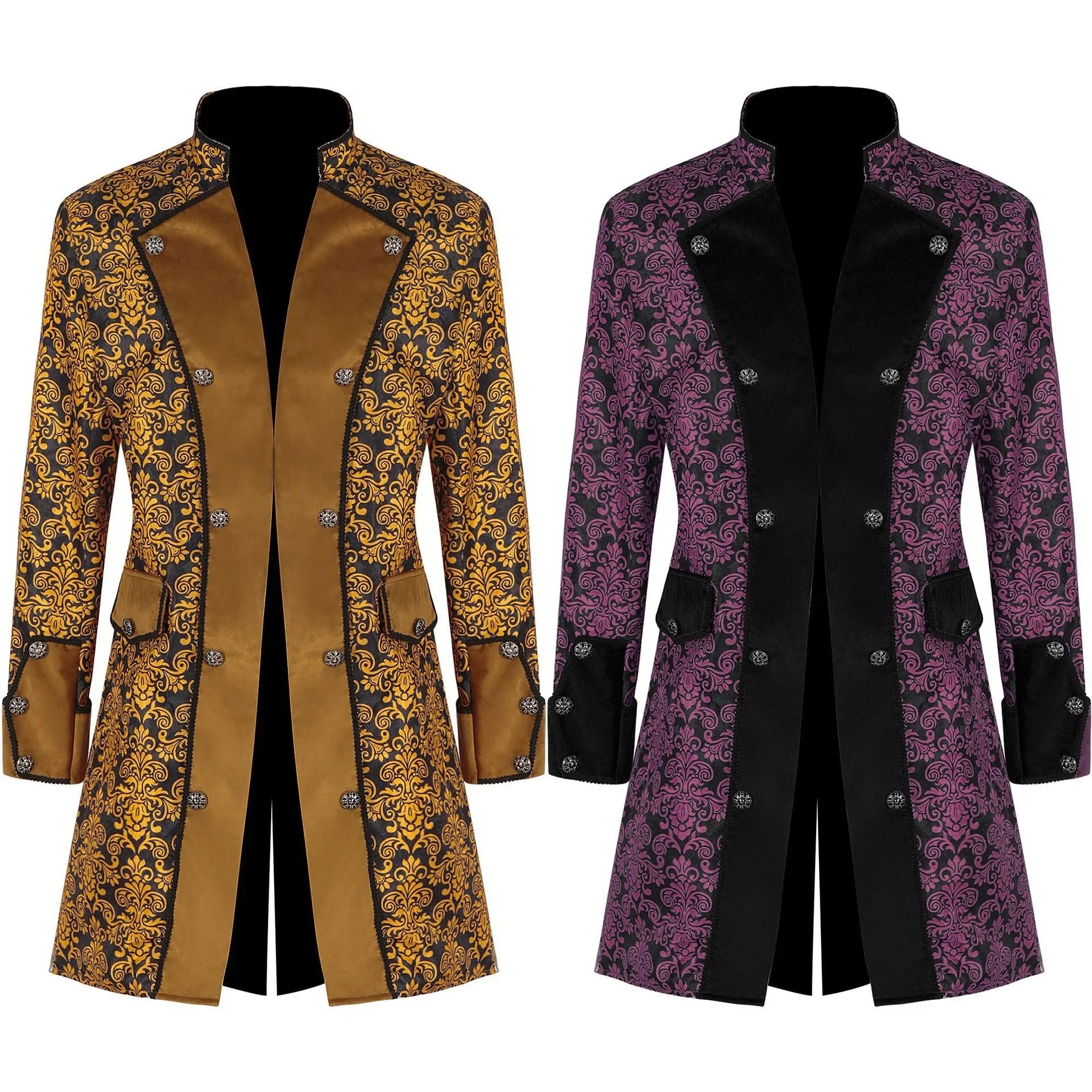 Men Steampunk Coat Medieval Costume Renaissance Retro Trench Double-breasted Uniform Outwear Print Jacket