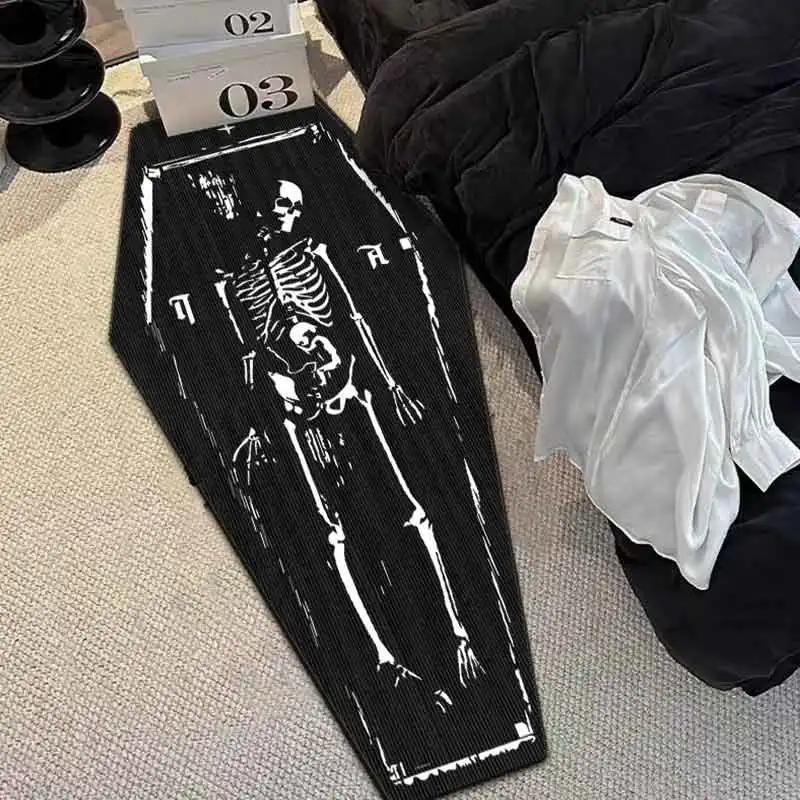 Halloween Skull Coffin-shaped Carpet-crystal Fabric Non-slip Floor Mat Bedroom Living Room Bedside Sofa Bathroom Decoration Item