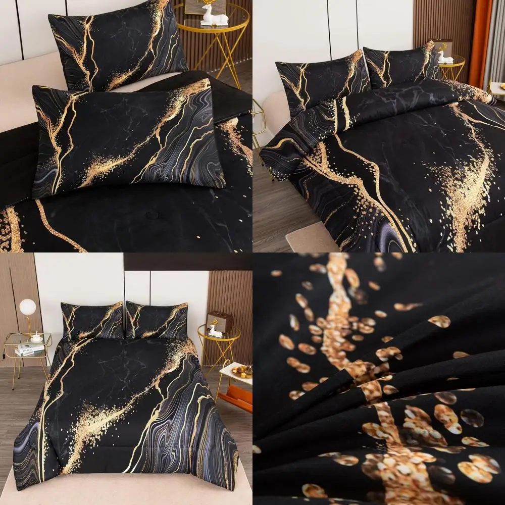 

Queen Marble Bedding Set in Black & Gold: 1 Comforter + 2 Pillowcases for Men & Women