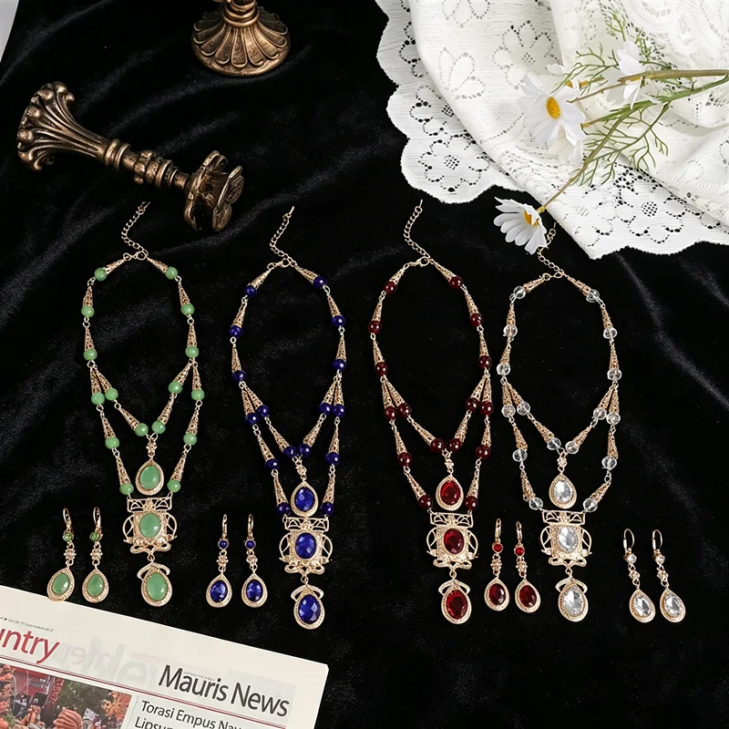 

Elegant Vintage European Court Style Shiny Ladies Jewelry Set Luxury Dinner Bride Necklace And Earring Ensemble