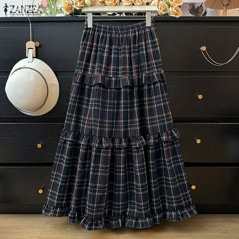 Bohemain Holiday Plaid Skirts ZANZEA Women Skirt Trend 2026 Casual Elastic Waist Baggy Jupe Elegant A-line Flounce Faldas Saia