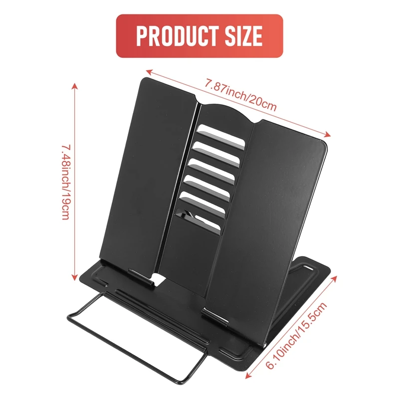 Support de livre de bureau en métal avec angle réglable, support de livre, support de livre, support de document, portable, robuste, léger, noir