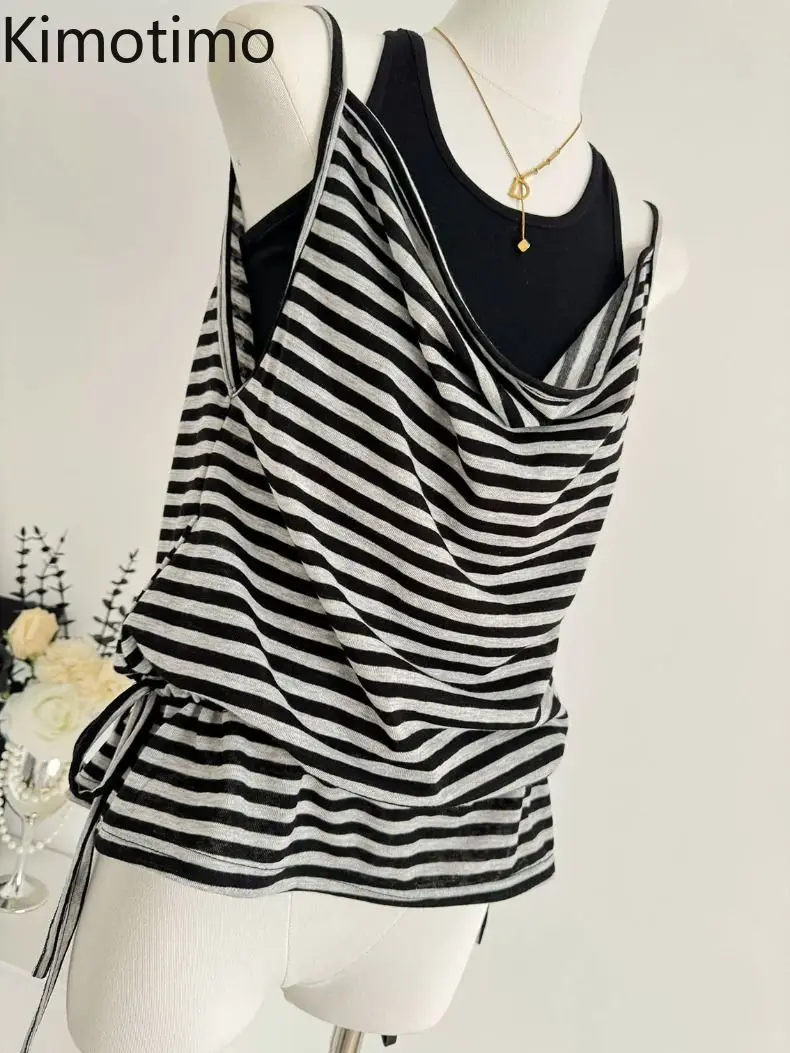 Kimotimo Women Two Piece Set Y2k Aesthetic Stripe Sleeveless Drawstring Waist Tank Top Casual Loose Versatile Camisole Vest Ins