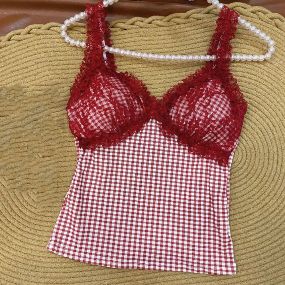 

Girls Top Spicy Girl Style Sleeveless Crop Top V Neck Slim Fit Women Suspender Top Sweet Mesh Dot Lace Camisole with Pads Summer