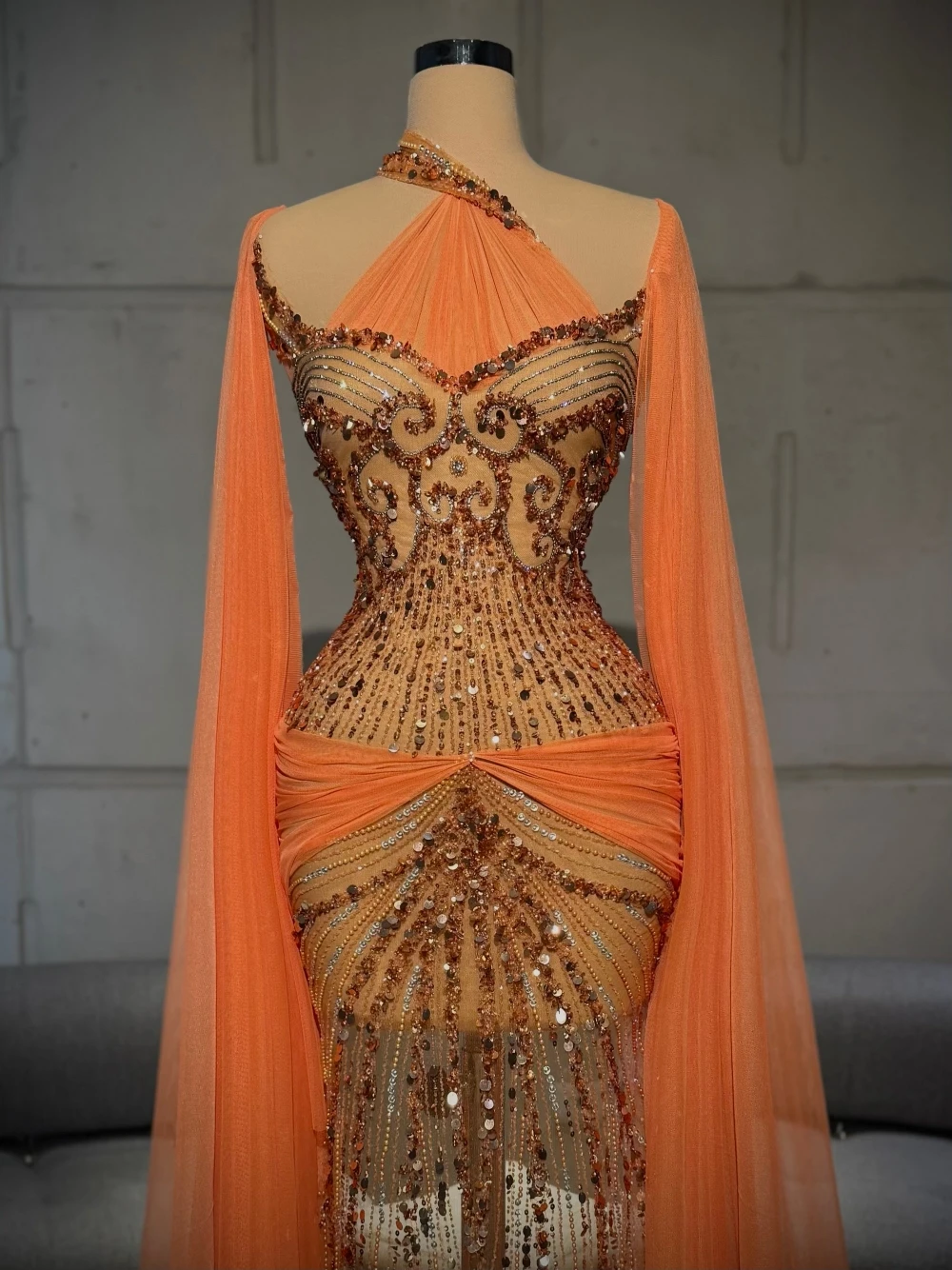 Asymmetrical Neckline Beaded Shiny Evening Dress With Long Cape See Through Straight Gorgeous Chic Prom Gown Customized