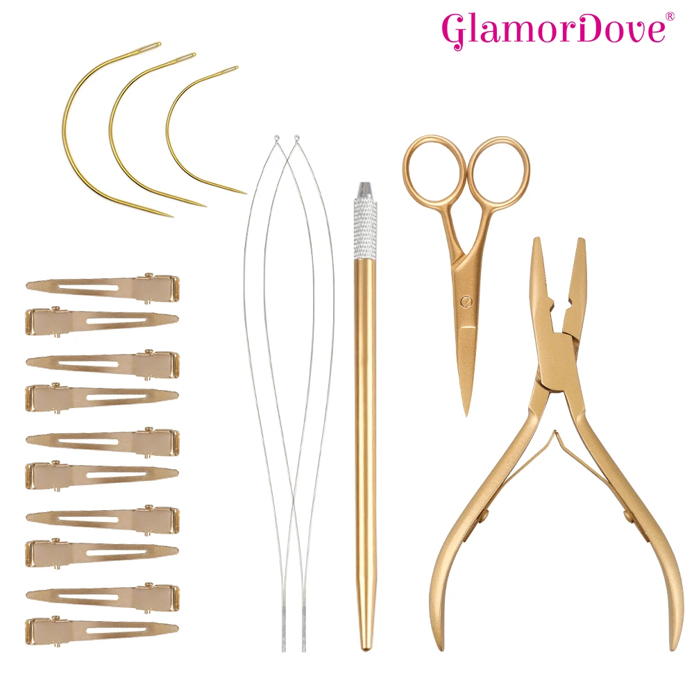 GlamorDove Micro Beads Closer Plier Hair Threader Loop Tool Hair Extension Pliers Kit Mini Metal Sectioning Clips And Scissors