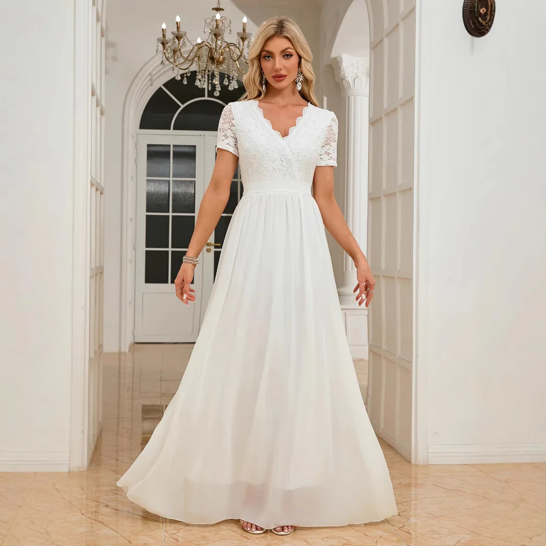 

2025 Lace Edge Splicing Chiffon Waist Cinched Long V-neck Dress for Wedding and Evening Dresses Summer Elegantes Casual Y2k