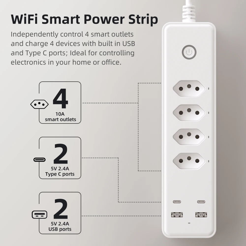 AVATTO WiFi Smart Power Strip ,Brazil Tuya Plug 2 USB 2 Type-C Smart Life APP Remote Control work for Alexa Google home