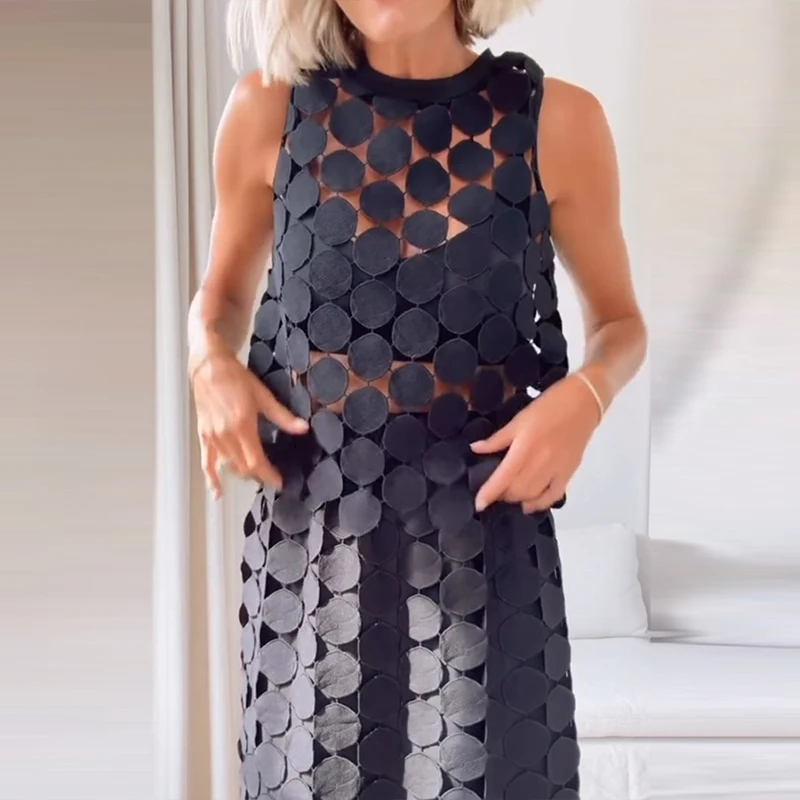 

Elegant Lace Fringe Hollow Out 2 Piece Outfit Sexy Sleeveless Solid Party Set Summer Casual Pullover Top & Long Skirt Women Suit