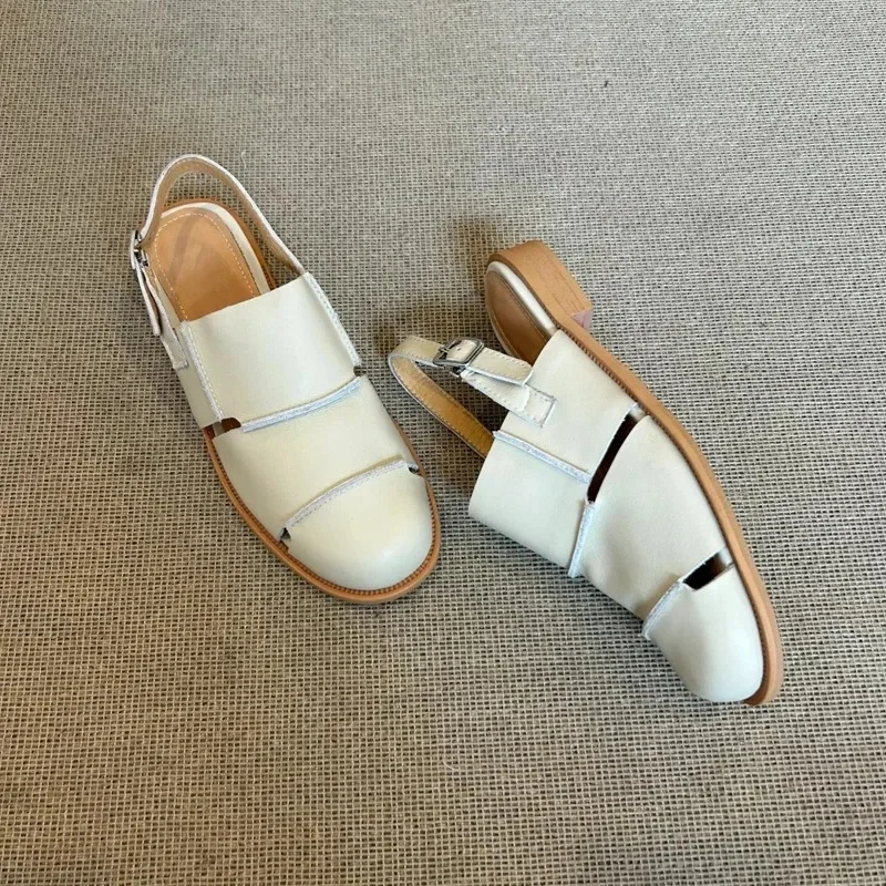 2024 sandali greche in morbida pelle donna Retro Round Closed Toe Slingback Shoes Summer Cut-Out Buckle Strap Flat Zapatos