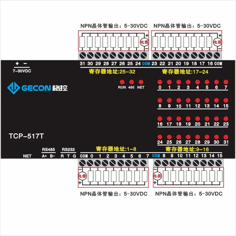 TCP-517T 32DO NPN transistor 100mA output DO RS485 Modbus  module Ethernet