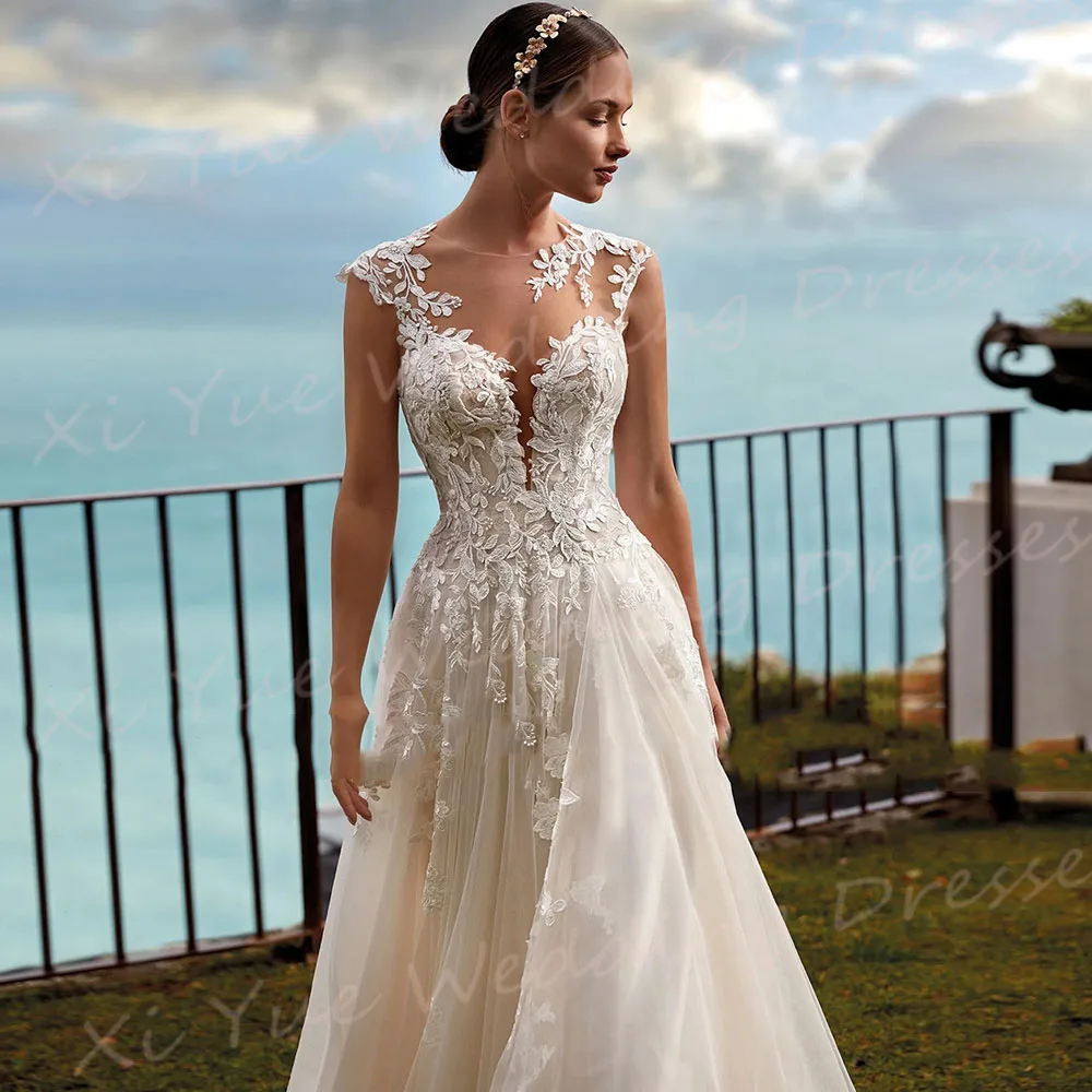 Robe de mariée classique en dentelle pour femme, romantique, ligne A, appliques, mancherons modernes, tenue de plage