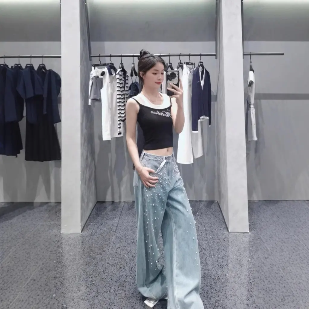 

Шэньчжэнь Nanyou Ann Широкие брюки с высокой талией Джинсы в корейском стиле со стразами и жемчугом ручной работы для женщин