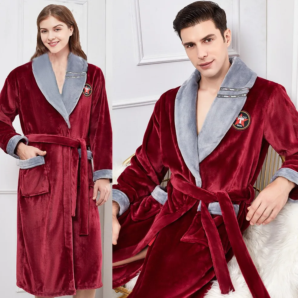 Winter Warm Lovers Kimono Bathrobe Sleepwear Lady Men Lengthen And Thicken Robe Flannel Casual Nightdress Homewear PLUS SIZE 3XL