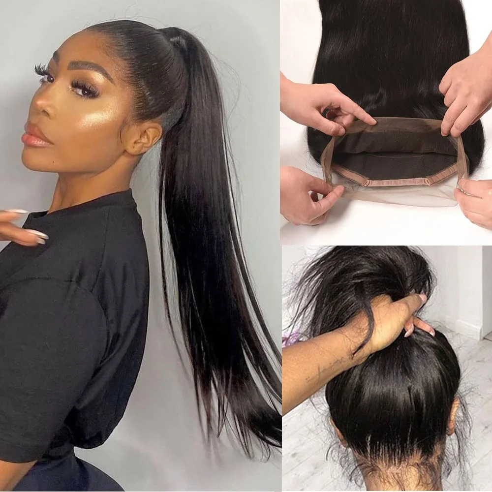 Perruque Lace Closure Wig Remy brésilienne lisse, noire naturelle, 8-22 pouces, 360, pre-plucked, avec baby hair, pour femmes, 150%, closure cheveux humain,meche bresilienne cheveux humain,lace frontale 360 seul