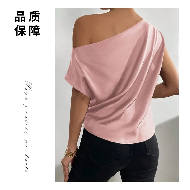 Women's Summer Sleeveless Off Shoulder Satin Blouse Solid Color Fitted Ruffle Wrinkle Resistant Blusas Para Mujer Women's And