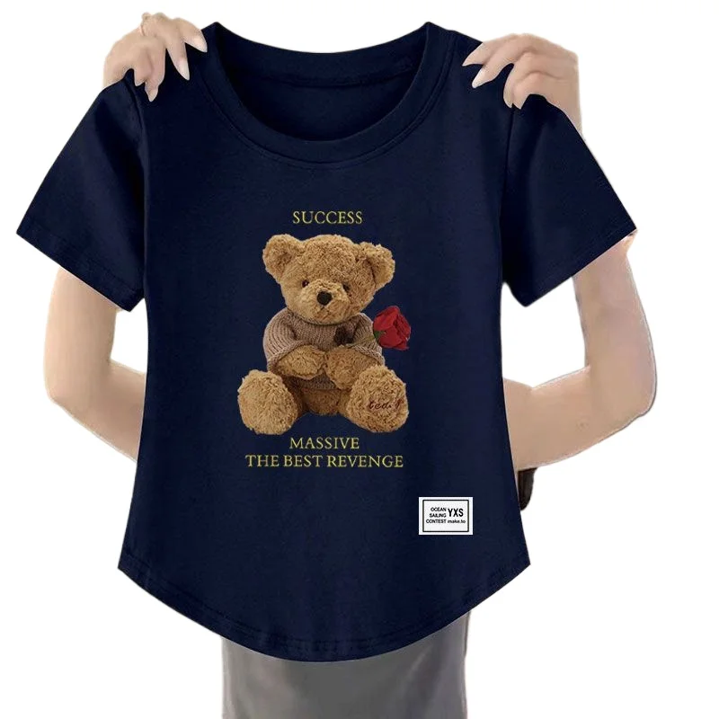 Single Pieces of Cotton Short-sleeved Women' Design Sense Niche Summer Bear T-shirt Loose Irregular Top Versatile Korean Version