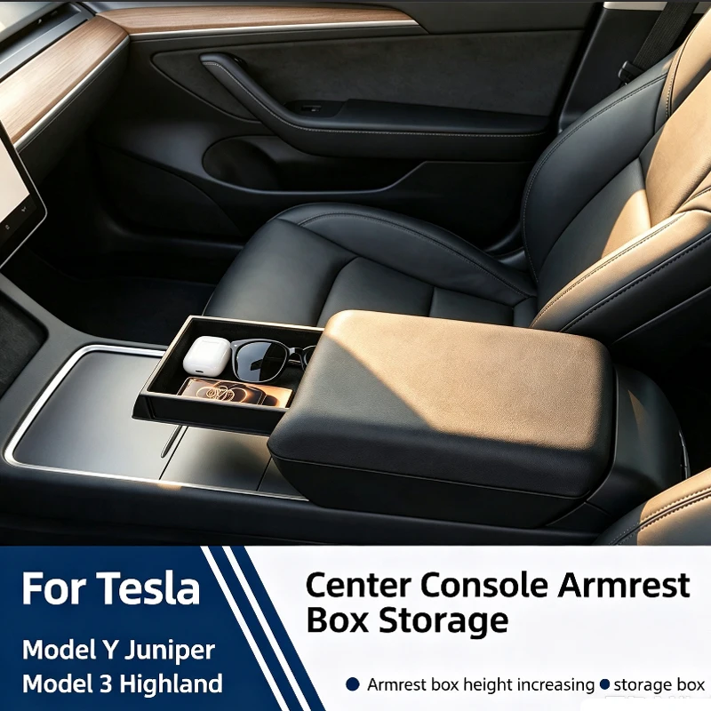 For Tesla Model YL 2026/ Y Juniper 2025+/ 3 Highland 2024+ Center Console Arm Rest Lid Armrest Box Height Increasing Storage Box