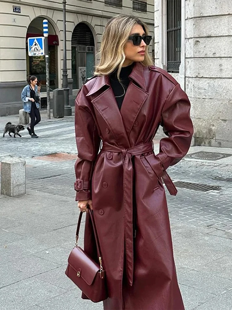 Fashion Retro Wine Red Long Women's Coat Turndown Collar Double Breasted Coats with Belt Vintage Windproof Winter Overcoat