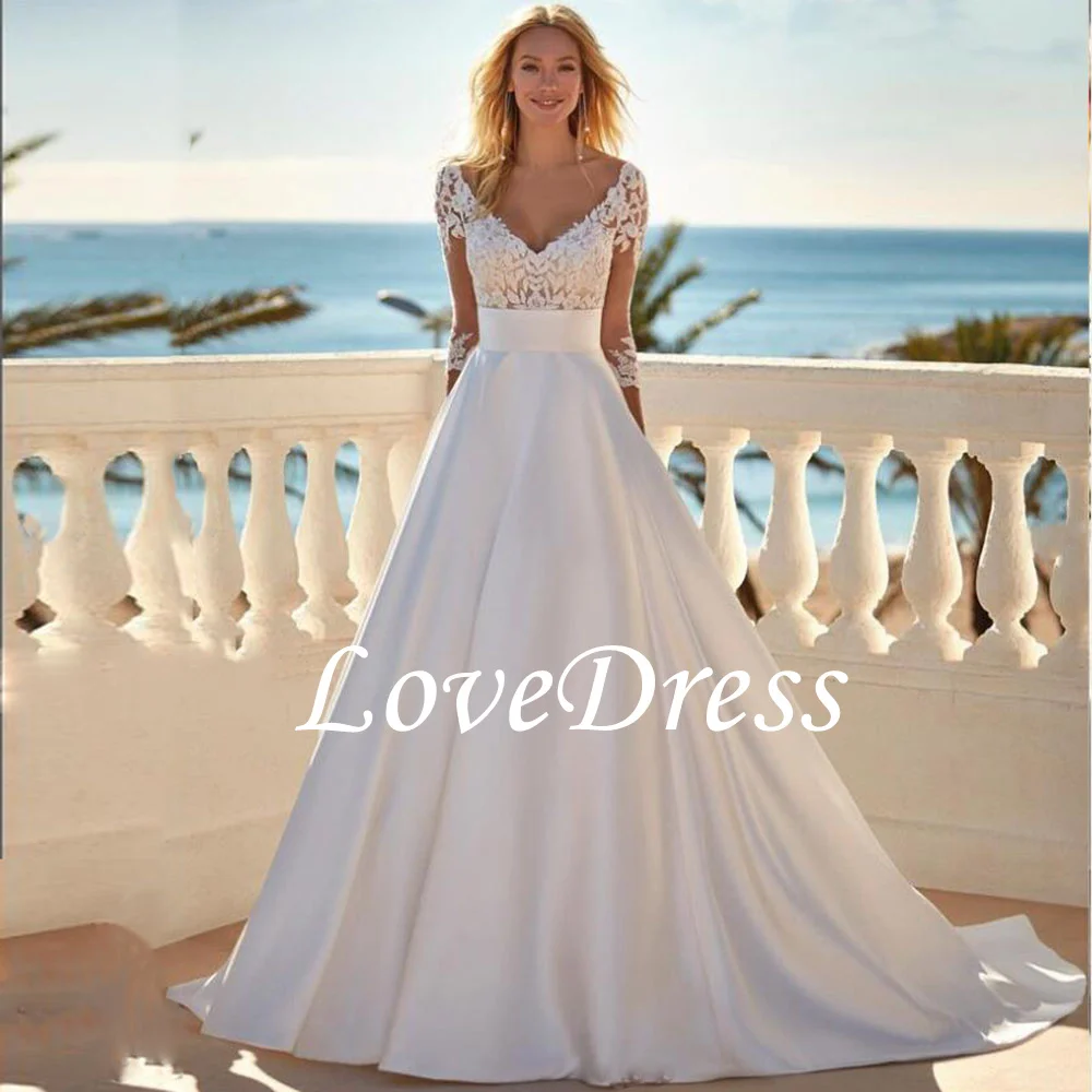 Элегантное свадебное платье LoveDress с V-образным вырезом для женщин с длинным рукавом трапециевидной формы с открытой спиной Кружевная аппликация простой дизайн на заказ дешево