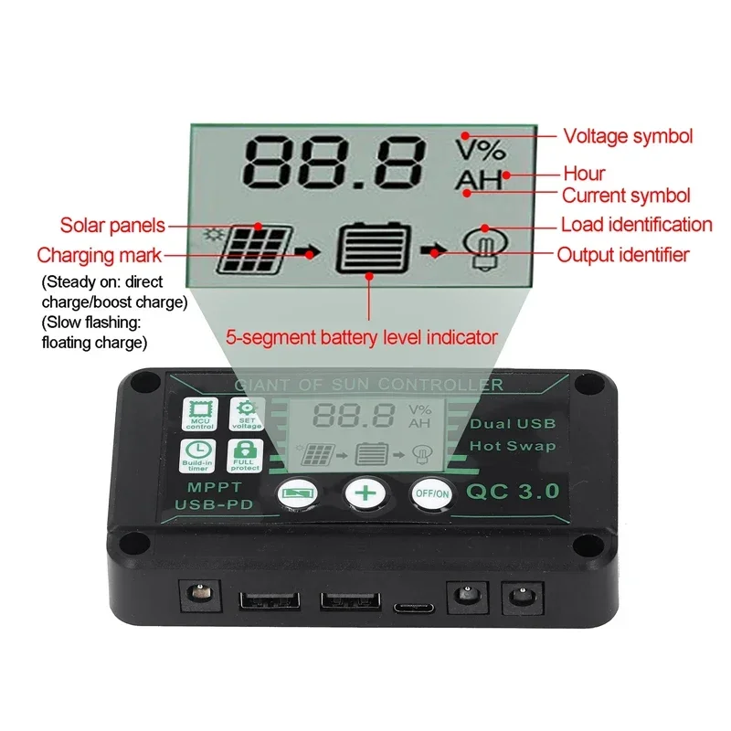 Controlador de carga Solar MPPT 10/20/30/40/50/60/70A, controlador de carga de 12V 24V, regulador de cargador de Panel de células solares automático