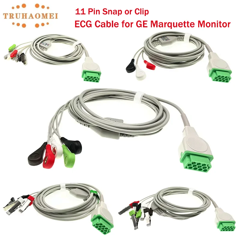 

ECG Cable for GE Marquette Patient Monitor 11 Pin Snap or Clip with 3 or 5 Leads Veterinary EKG Cable