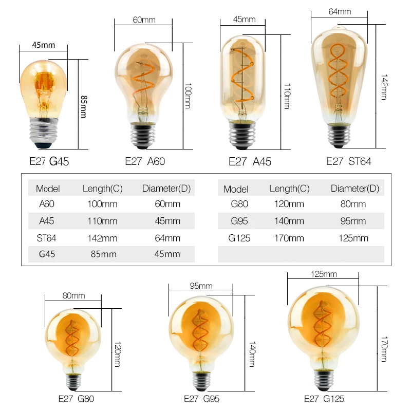 6pcs/lot Retro LED Spiral Filament Light Bulb 4W 2200K 220V E14 E27 C35 A60 T45 ST64 T185 T225 G80 G95 Vintage Edison LED Lamp