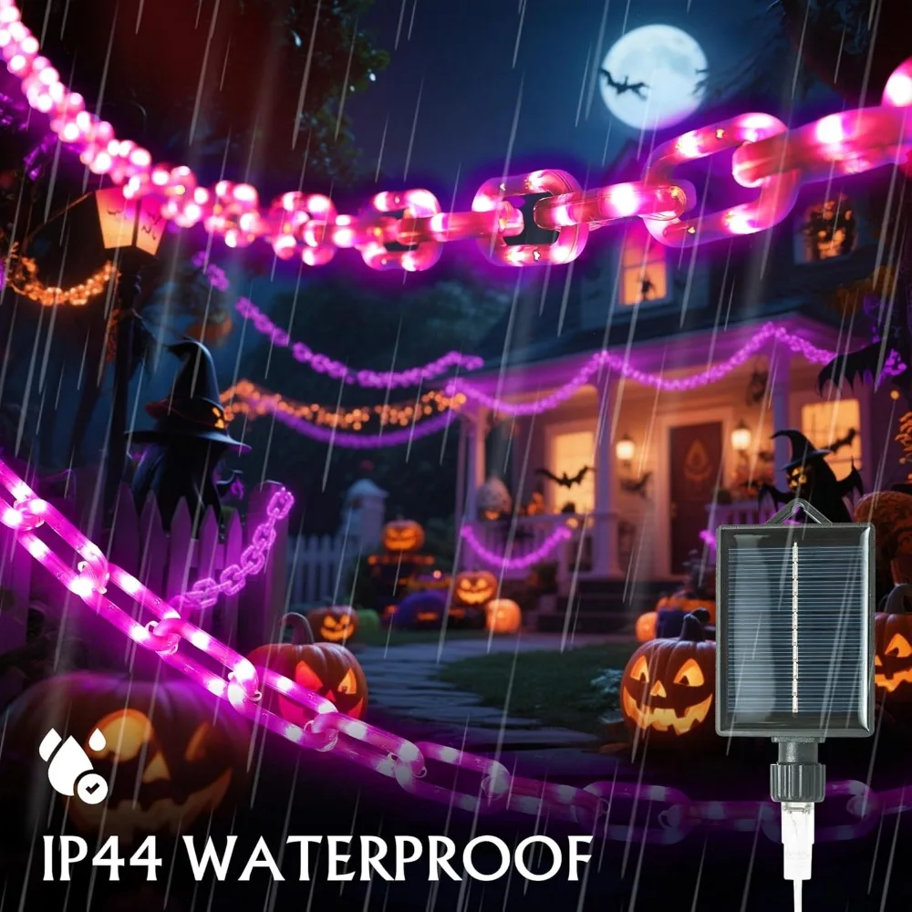 سلسلة إضاءة أرجوانية تعمل بالطاقة الشمسية بطول 13 قدمًا 200 مصباح LED مع 8 أوضاع لديكور رعب الهالوين