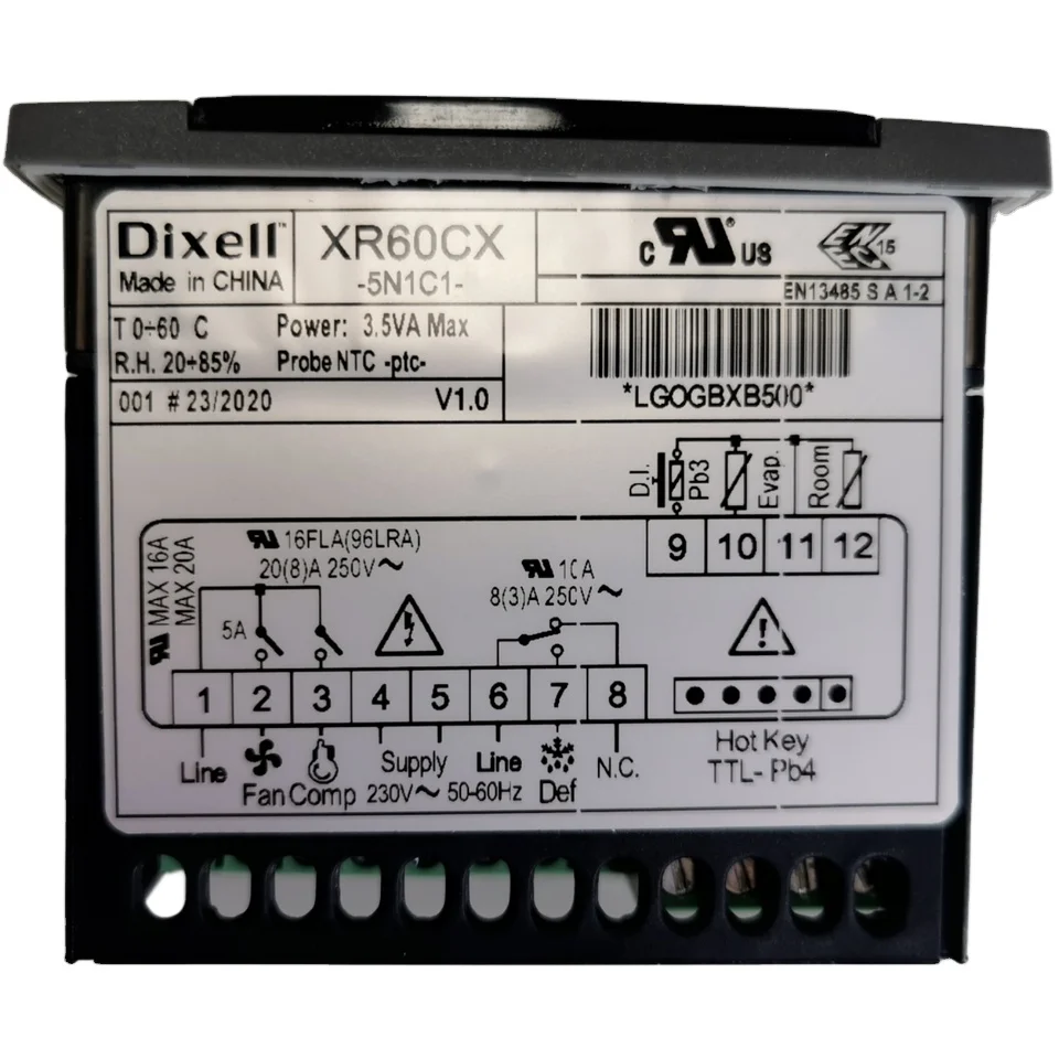 ตัวควบคุมอุณหภูมิเทอร์โมสตัทดิจิตอล Dixell รุ่น XR60CX 5N1C1 พร้อมระบบละลายน้ำแข็ง ควบคุมคอมเพรสเซอร์และพัดลมคอยล์เย็น 230V 50/60Hz
