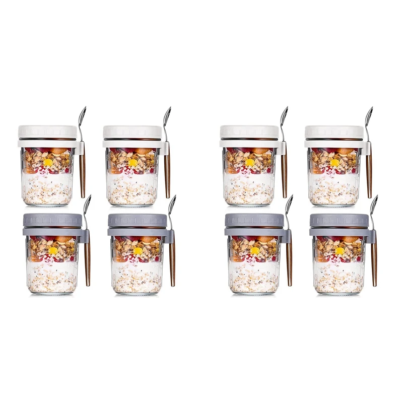 

8PCS Overnight Oats Containers With Spoons Airtight Oatmeal Overnight Oat Jars With Measurement Marks