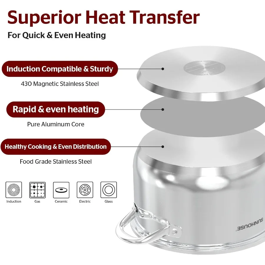 وعاء مخزون سعة 8 لتر مع غطاء لتعليب المعكرونة والوجبات الكبيرة ذات الحجم الكبير وبناء من الفولاذ المقاوم للصدأ بقاعدة 3 طبقات لسهولة ذلك