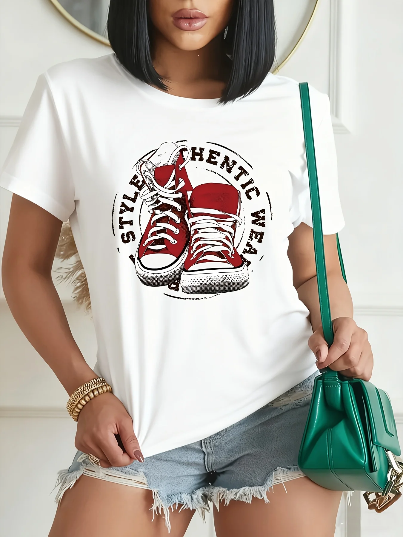 Vintage Red Sneakers Circle Stamp Letter Retro Art Print Graphic Womens T Shirt Short Sleeve Crew Neck Casual Ladies Tee Tops