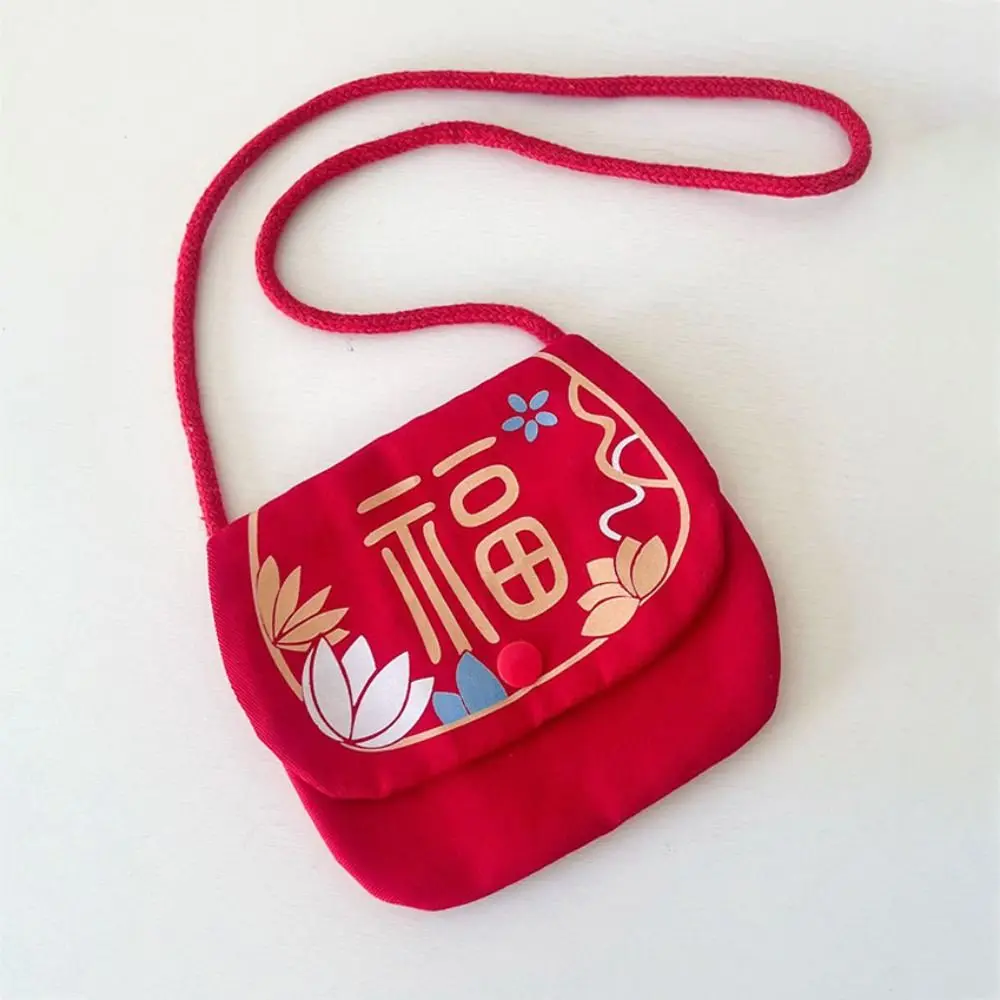 Simple Letter Print New Year Shoulder Bag Traditional Lotus Blessing Red Bag Messenger Bag Best Wishes Lucky Money Pocket Child