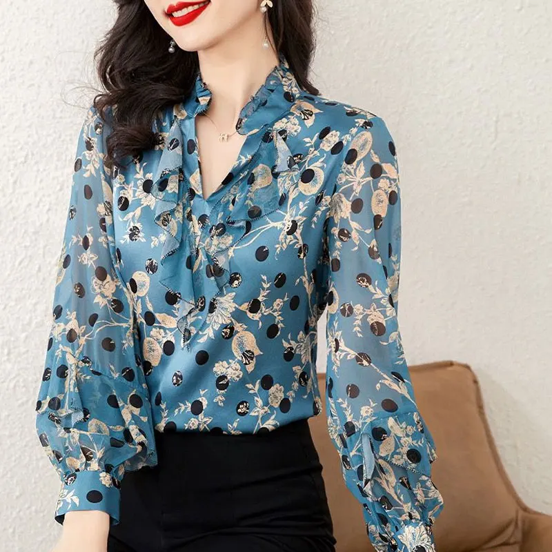 Commute Vintage Printed Polka Dot Blouse Stylish Ruffles Spliced Women\'s Clothing Elegant V-Neck Spring Long Sleeve Shirt 2023