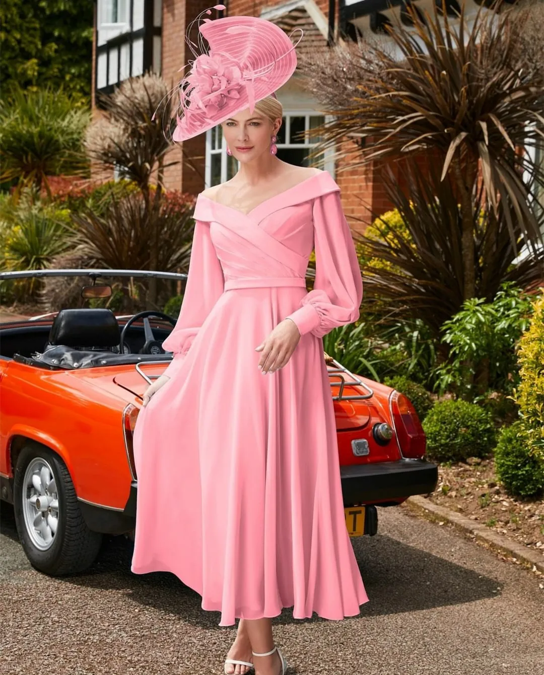 

A-line Pink Mother of the Bride Dress 2025 Elegant V-neck Puffy Sleeves Knee Length Chiffon Wedding Formal Party Gowns