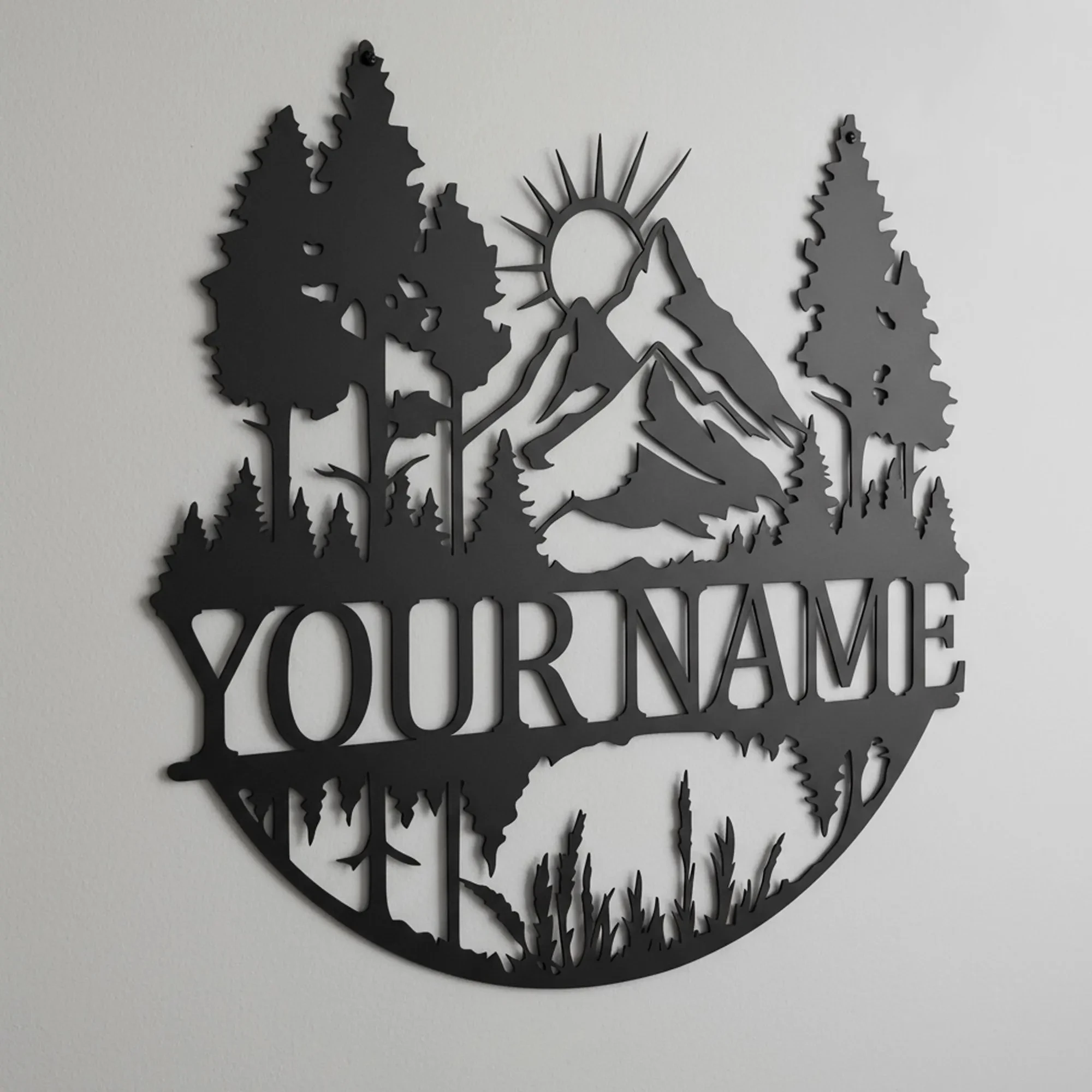 Custom Mountain Forest Metal Wall Sign Name Nature Wall Art with Sun Pine Trees Peak Decor Outdoor Metal Sign Man Cave Gift