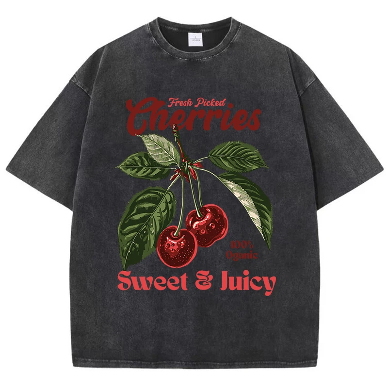 Camiseta Vintage con Estampado de Cerezas Lavadas, Diseño Gráfico de Frutas Orgánicas Frescas y Jugosas, Top Casual Oversize para Mujer y Hombre