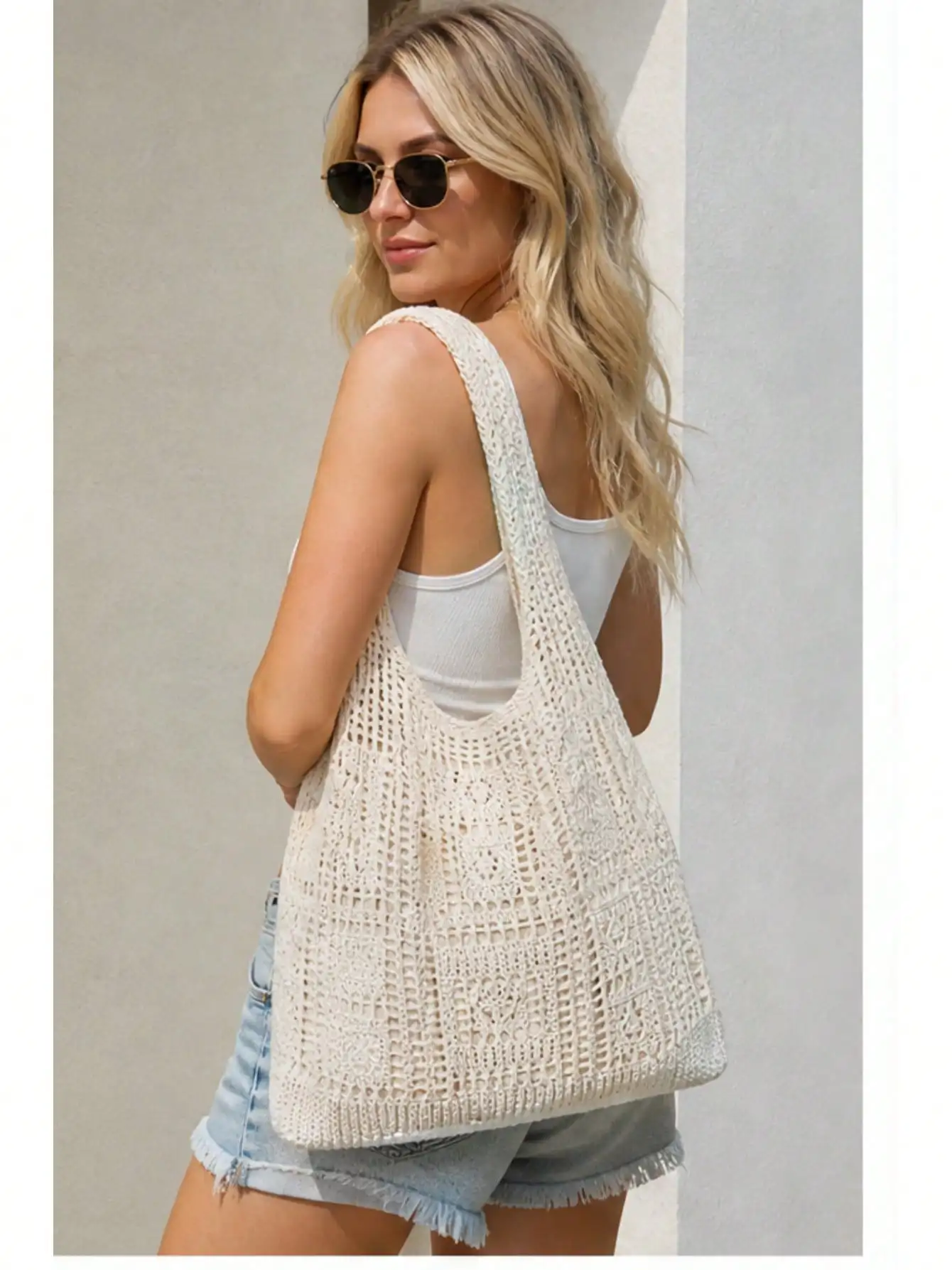 Large Hollow Knit Crochet Tote Bag, Casual Beach Shoulder Bag for Women Daily Shopping Vacation Use
