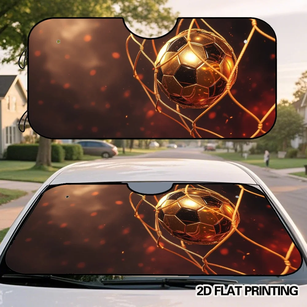 2D Flat Printing, 1pc Golden Soccer Ball Scene Pattern Car Sun Visor, Single Piece Design with Suction Cups, Designed