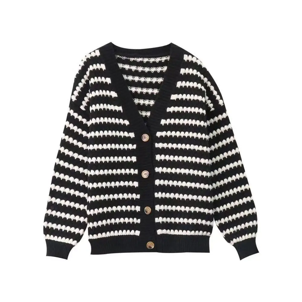 plus Size Women's Vintage Lazy Stripes Knitwear Coat V-Neck Loose Slimming Open Cardigan Autumn Winter New Style Warmth Heating