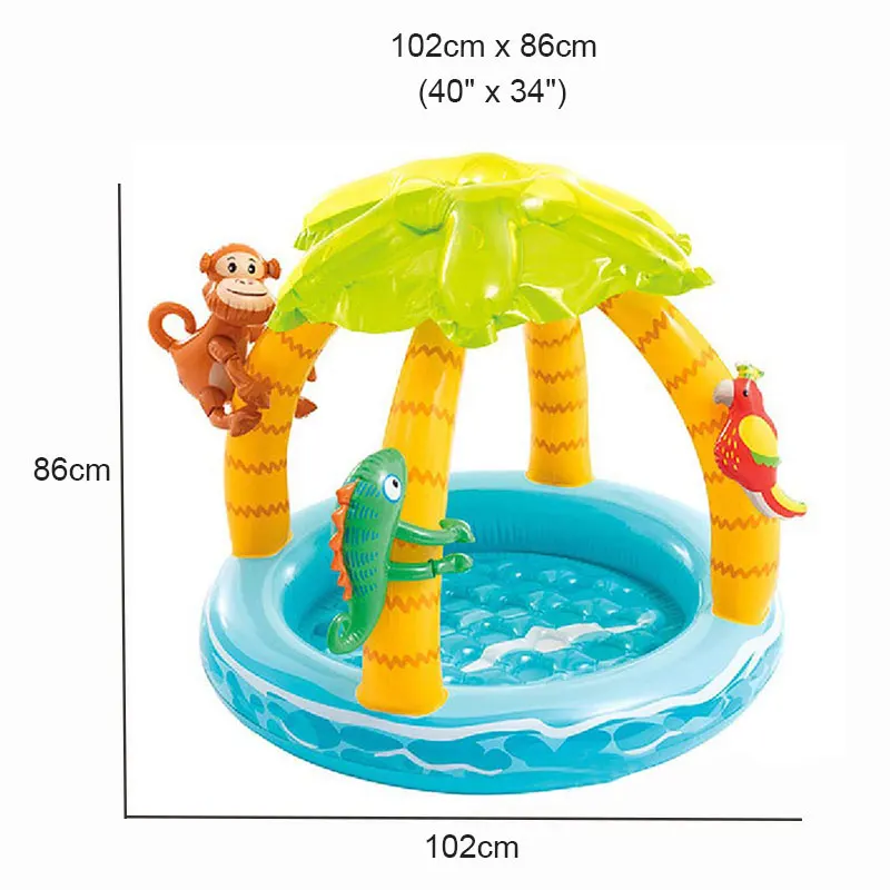 Piscine gonflable avec parasol pour enfants, design d'arbre AMP, île tropicale, jeu d'eau amusant en plein air, 1 à 3 ans